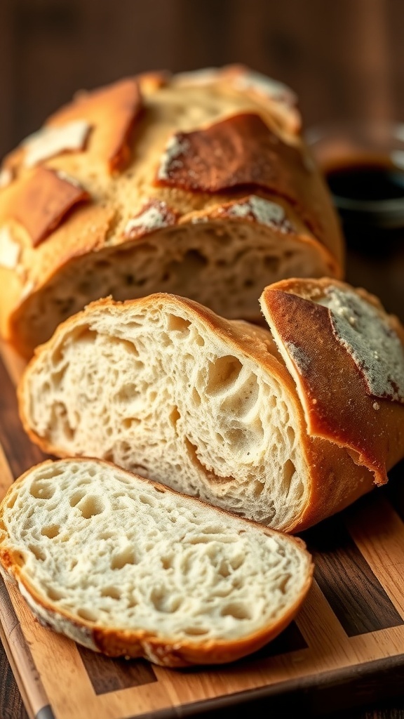 Freshly baked sourdough bread loaf with golden crust and open crumb, served with olive oil and balsamic vinegar.